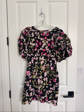 H&M Black Floral Mini Dress with Pink & Green Accents